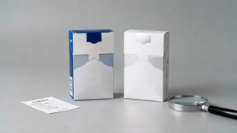 Two unbranded blue and white catalogue boxes beside a price and format checklist