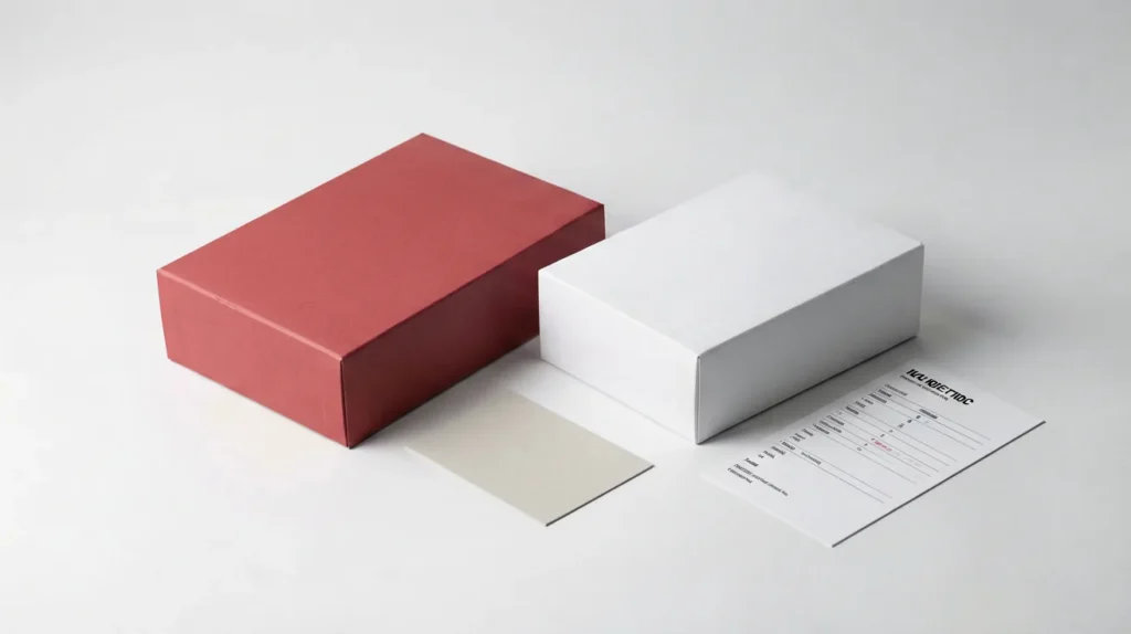 Plain red and white catalogue boxes beside a price and identity checklist
