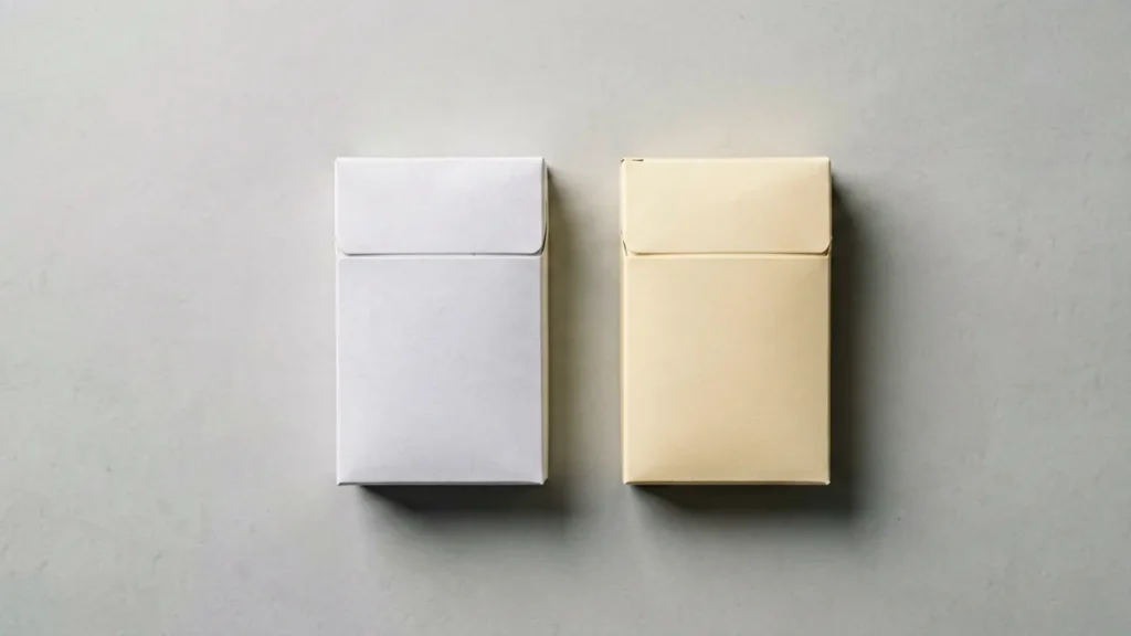 Two plain unbranded cigarette carton boxes side by side on a light grey surface, representing the Mevius 10mg and Mevius Lights 8mg catalogue listings compared in the article