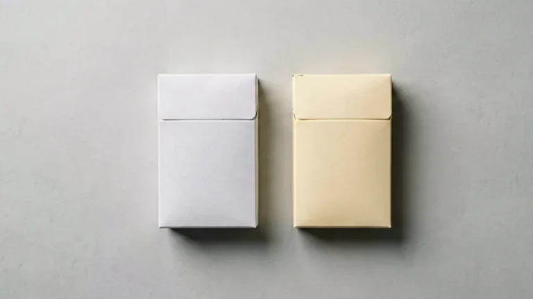 Two plain unbranded cigarette carton boxes side by side on a light grey surface, representing the Mevius 10mg and Mevius Lights 8mg catalogue listings compared in the article