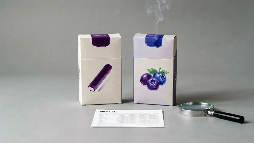 Two unbranded purple adult tobacco catalogue boxes beside a comparison sheet