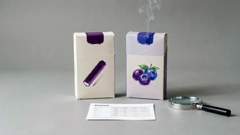 Two unbranded purple adult tobacco catalogue boxes beside a comparison sheet