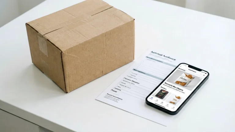 Plain shipping carton, order checklist and smartphone on a desk for checking a tobacco order record