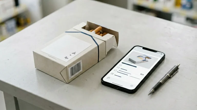 A plain catalogue box beside an order details checklist and delivery label