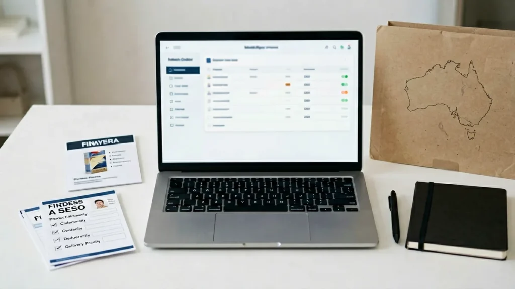 Laptop order summary beside a generic product card and final review checklist