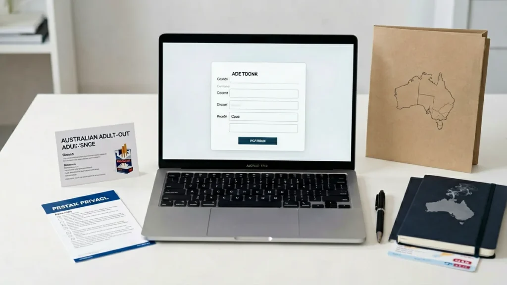 Laptop contact form beside a generic product reference card and privacy checklist