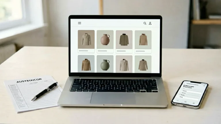 Laptop, checklist and phone arranged for a product enquiry before ordering