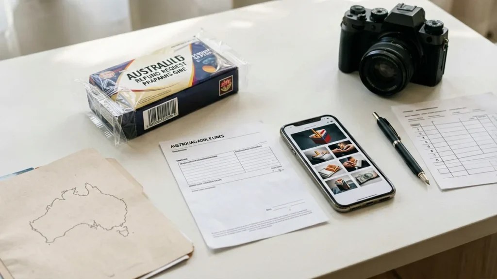 Order record, generic product box and photo evidence prepared for a refund request