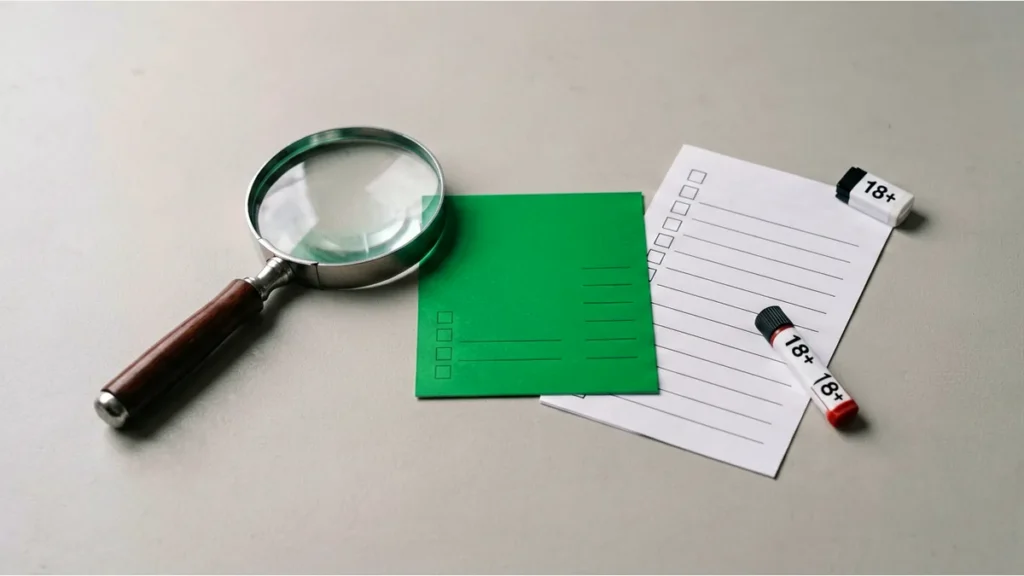 Magnifying glass and checklist beside a generic adult-only catalogue card