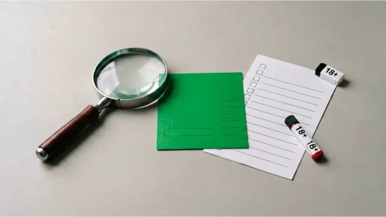 Magnifying glass and checklist beside a generic adult-only catalogue card