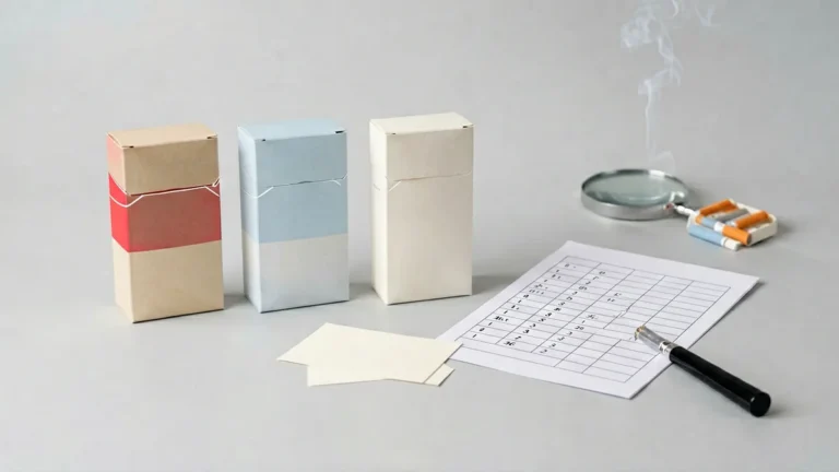 Three unbranded carton boxes beside a price card and comparison checklist